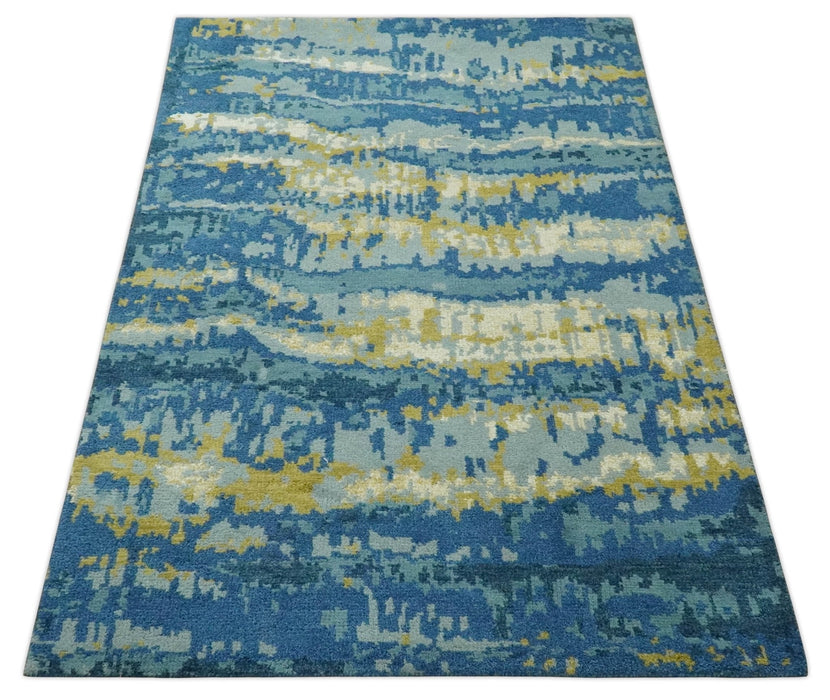 Blue, Olive and Ivory Modern abstract Hand Knotted 5x8 wool Area Rug