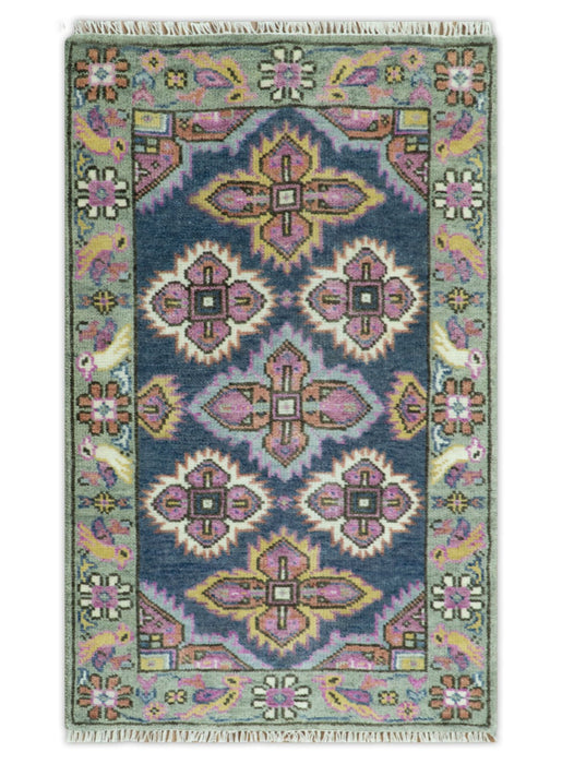 Blue, Purple and Green hand knotted Traditional Heriz Serapi Wool Area Rug