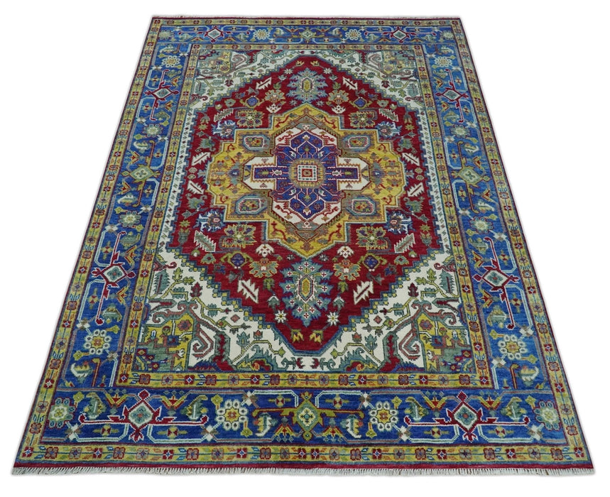 Blue, Maroon and Gold Hand Knotted Traditional Heriz Serapi Multi size Wool Area Rug