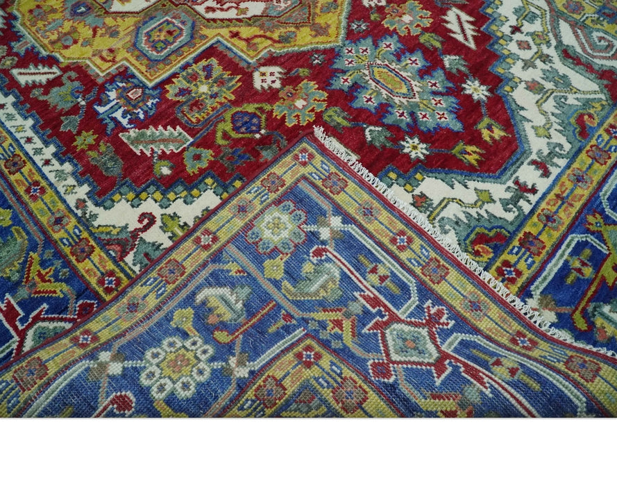 Blue, Maroon and Gold Hand Knotted Antique 9x12 Traditional Wool Rug