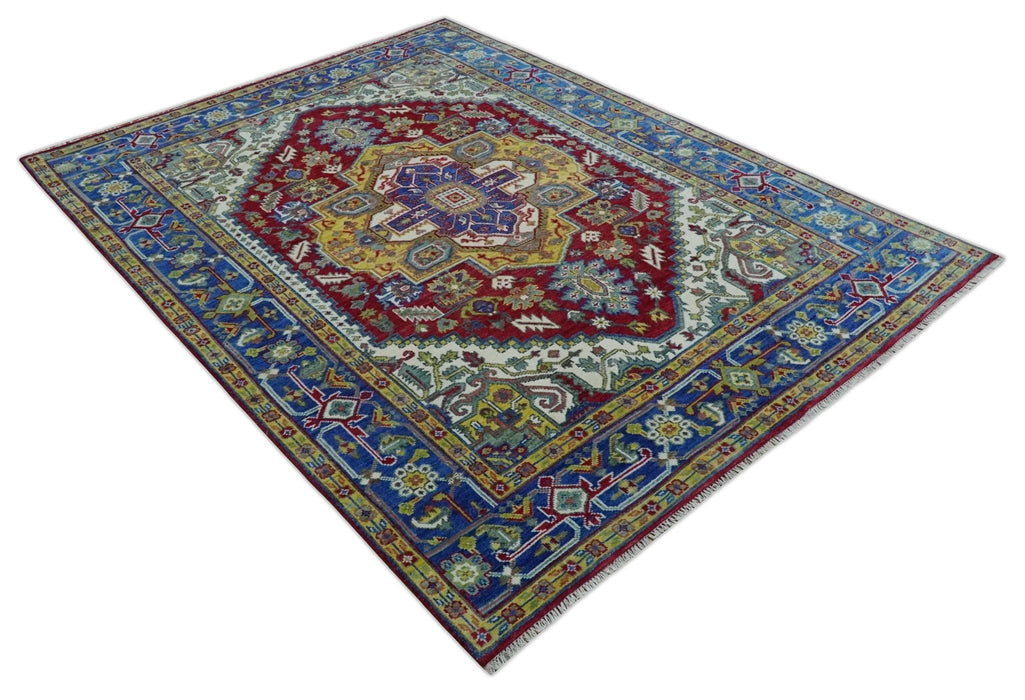 Blue, Maroon and Gold Hand Knotted Antique 9x12 Traditional Wool Rug