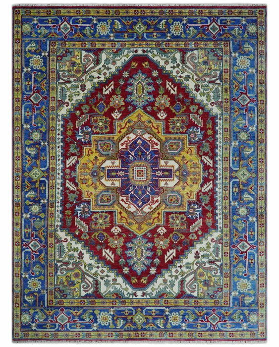 Blue, Maroon and Gold Hand Knotted Antique 9x12 Traditional Wool Rug