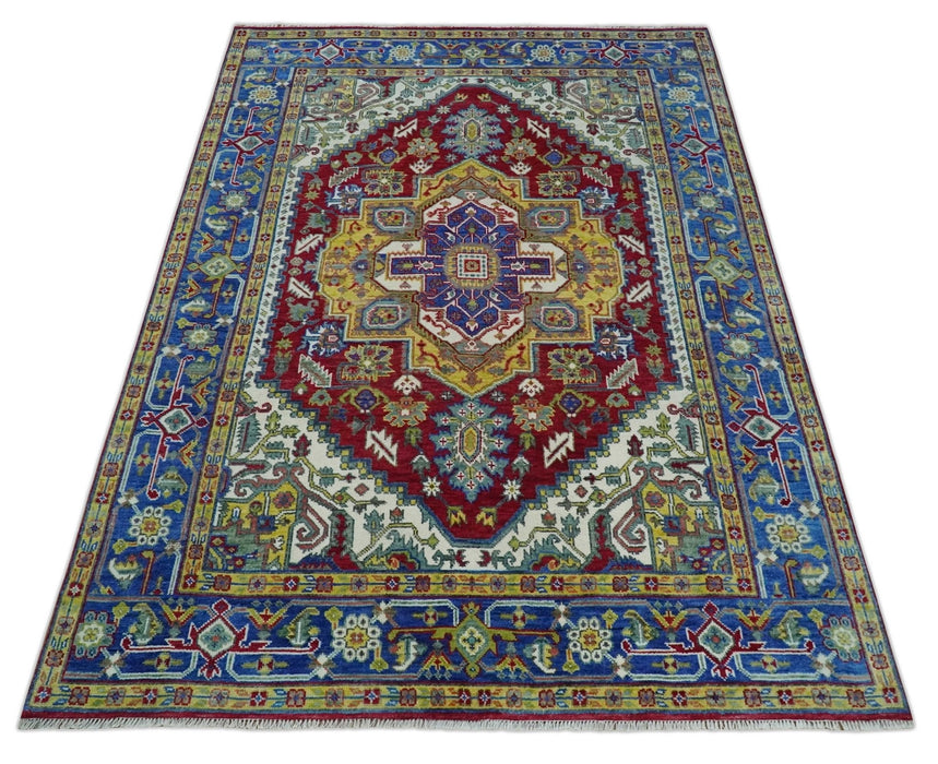 Blue, Maroon and Gold Hand Knotted Antique 9x12 Traditional Wool Rug