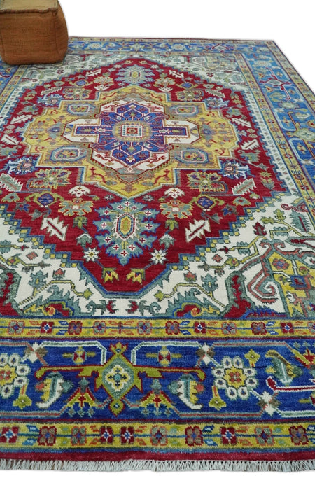 Blue, Maroon and Gold Hand Knotted Antique 9x12 Traditional Wool Rug