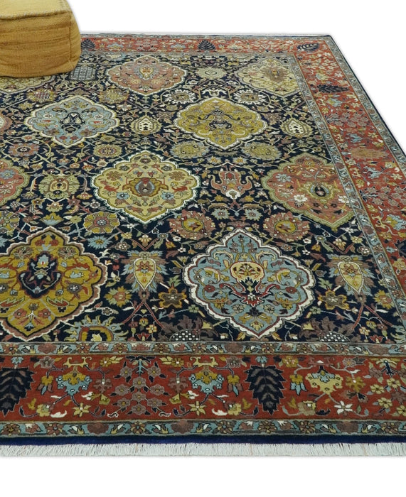 Blue, Rust and Mustard Traditional Large Design 8.4x10 fine wool area rug