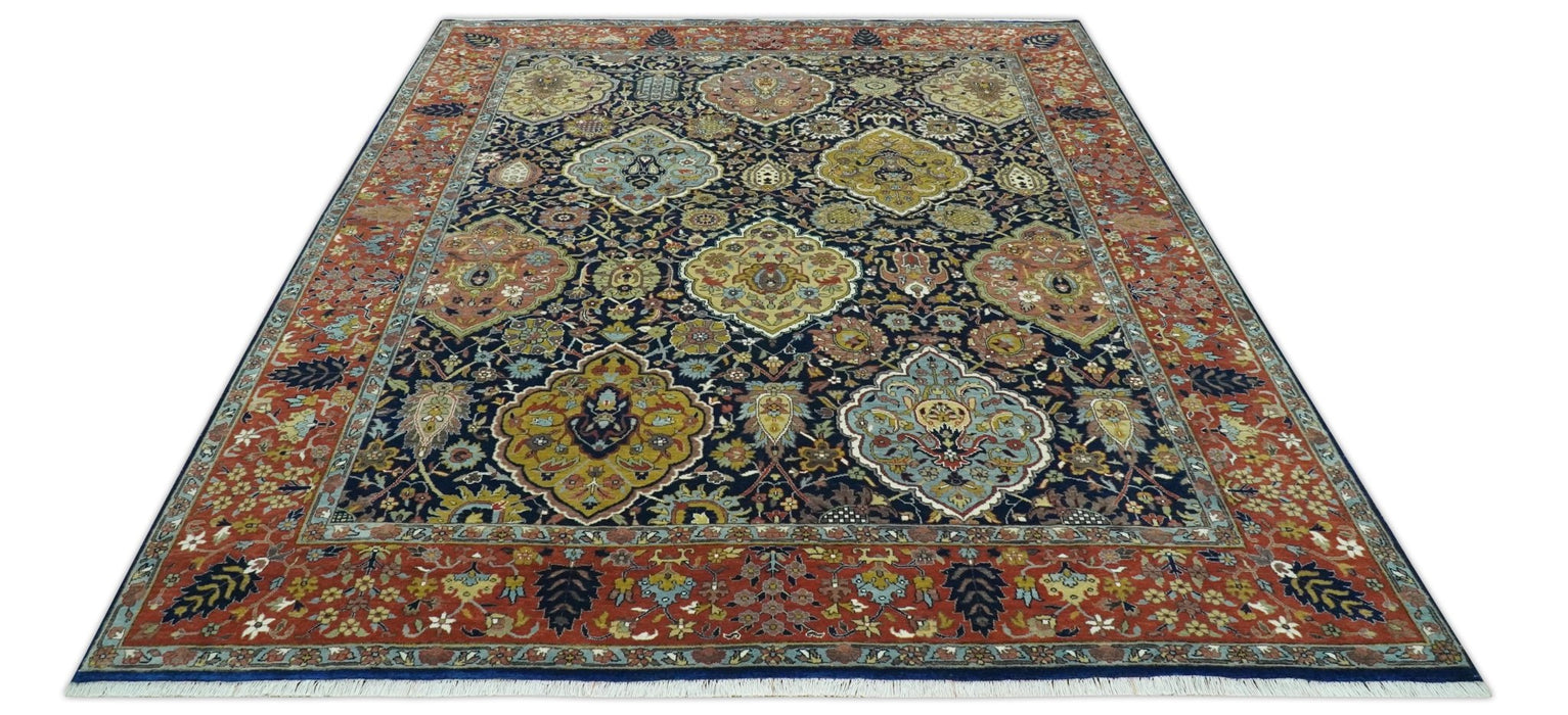 Blue, Rust and Mustard Traditional Large Design 8.4x10 fine wool area rug