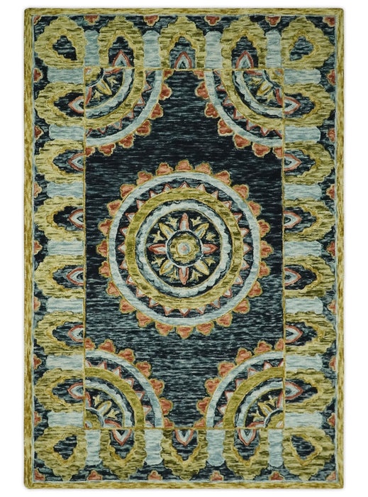 Hand Tufted Blue, Rust and Moss Gold Colorful Wool Area Rug