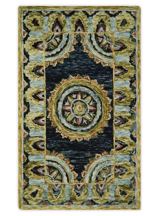 Hand Tufted Blue, Rust and Moss Gold Colorful Wool Area Rug