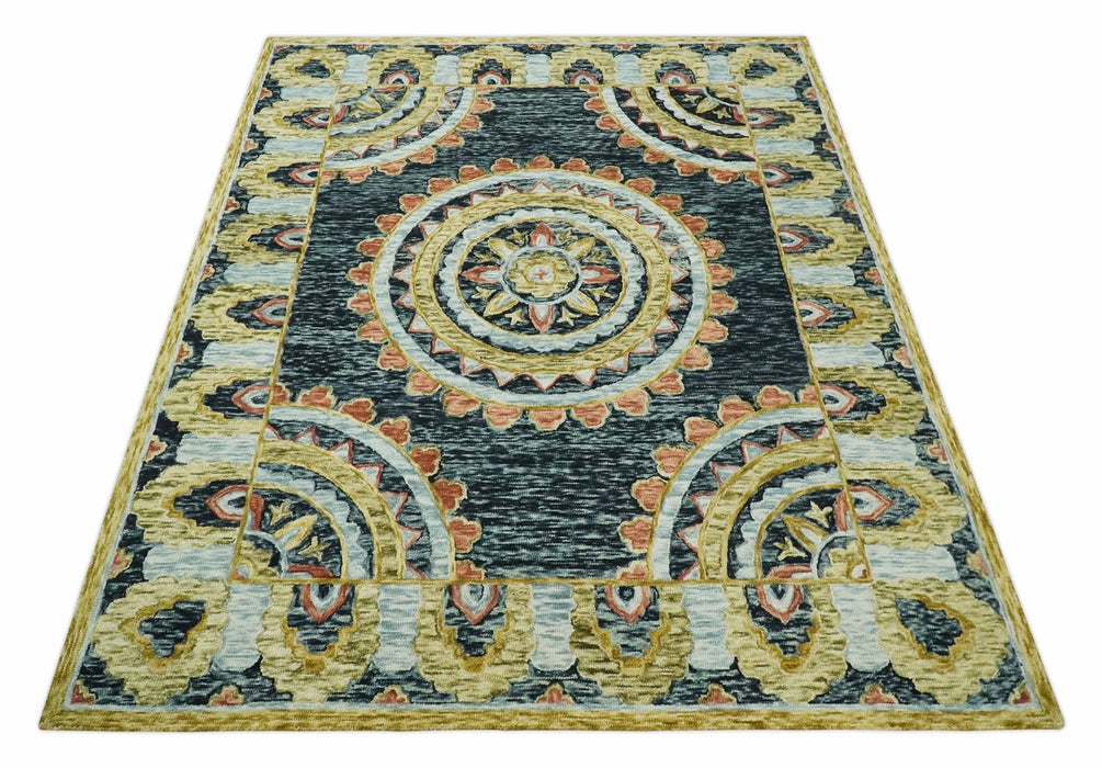 Hand Tufted Blue, Rust and Moss Gold Colorful Wool Area Rug