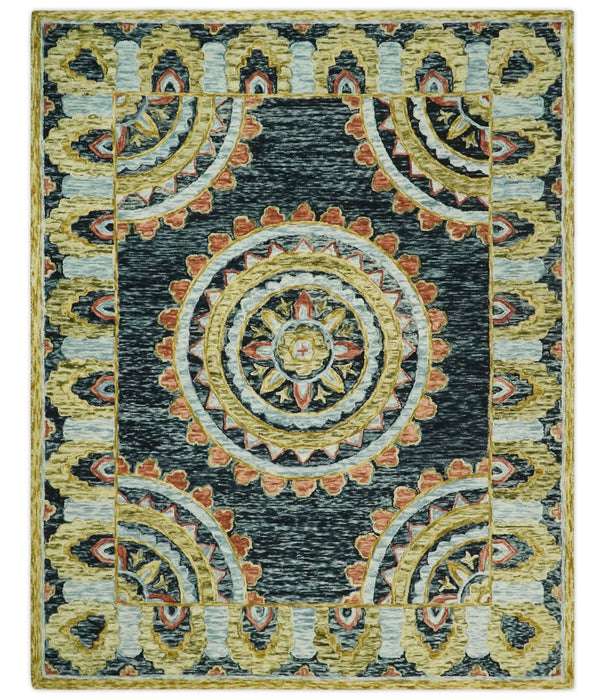 Hand Tufted Blue, Rust and Moss Gold Colorful Wool Area Rug