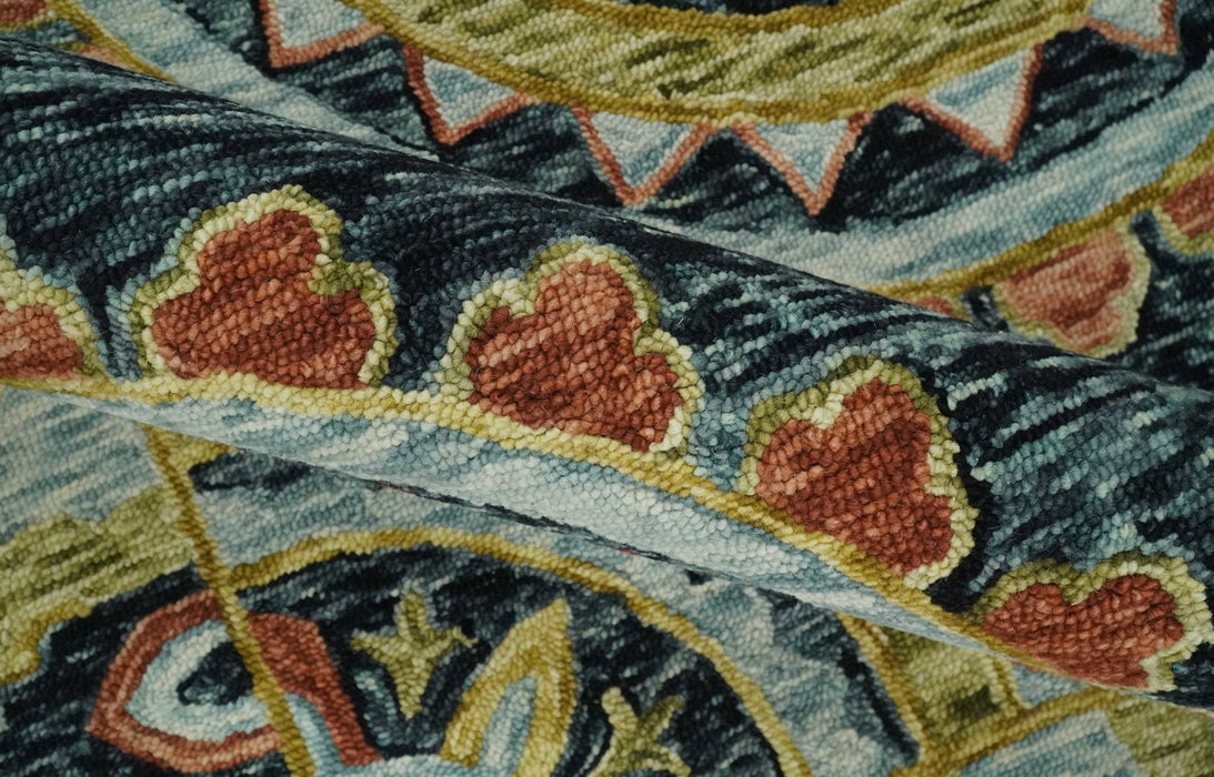 Hand Tufted Blue, Rust and Moss Gold Colorful Wool Area Rug
