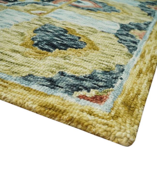 Hand Tufted Blue, Rust and Moss Gold Colorful Wool Area Rug