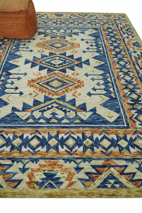 Ready To Ship Bohemian Southwestern Hand Tufted Blue, Gold and Beige Wool Rug