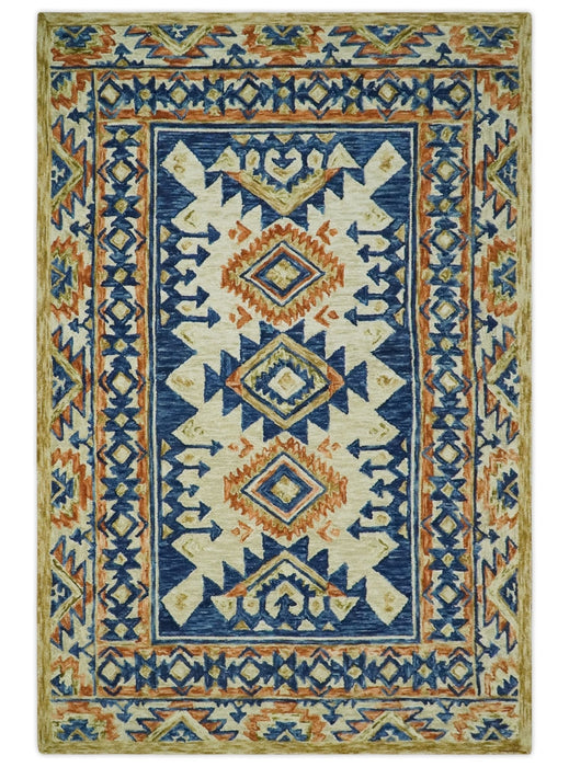 Ready To Ship Bohemian Southwestern Hand Tufted Blue, Gold and Beige Wool Rug
