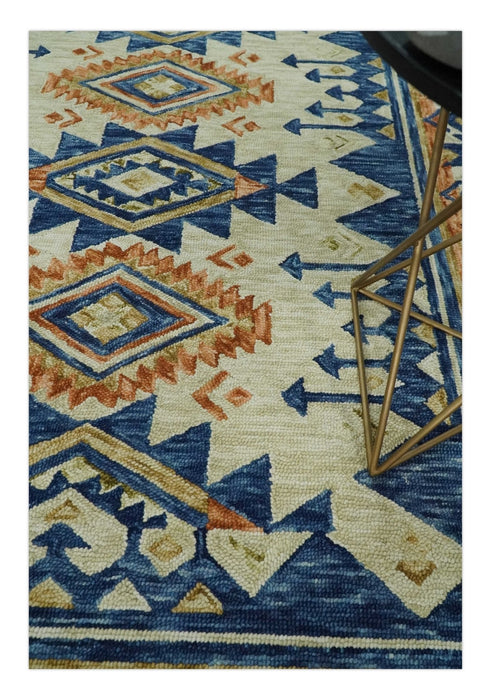Ready To Ship Bohemian Southwestern Hand Tufted Blue, Gold and Beige Wool Rug