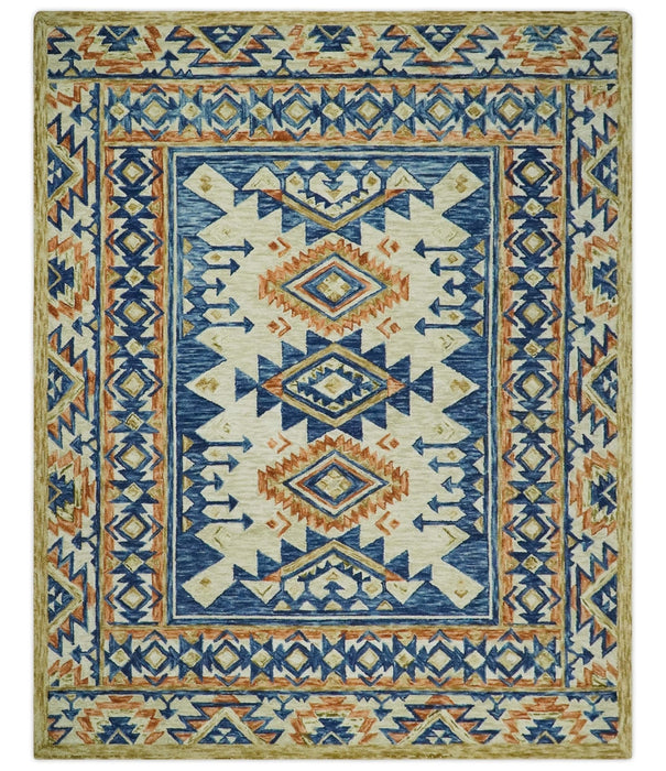 Ready To Ship Bohemian Southwestern Hand Tufted Blue, Gold and Beige Wool Rug