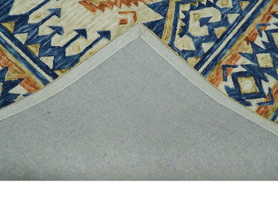 Ready To Ship Bohemian Southwestern Hand Tufted Blue, Gold and Beige Wool Rug