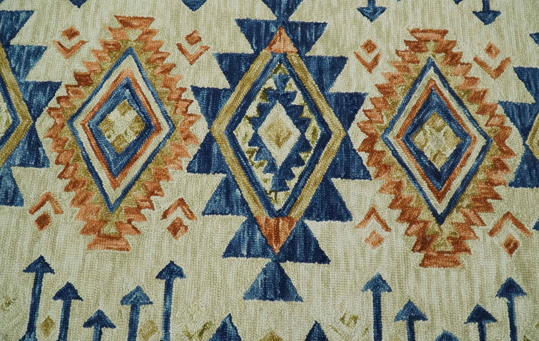 Ready To Ship Bohemian Southwestern Hand Tufted Blue, Gold and Beige Wool Rug