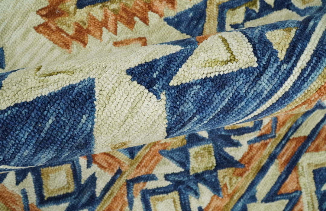 Ready To Ship Bohemian Southwestern Hand Tufted Blue, Gold and Beige Wool Rug