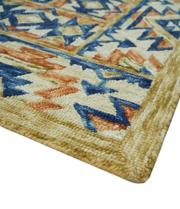 Ready To Ship Bohemian Southwestern Hand Tufted Blue, Gold and Beige Wool Rug