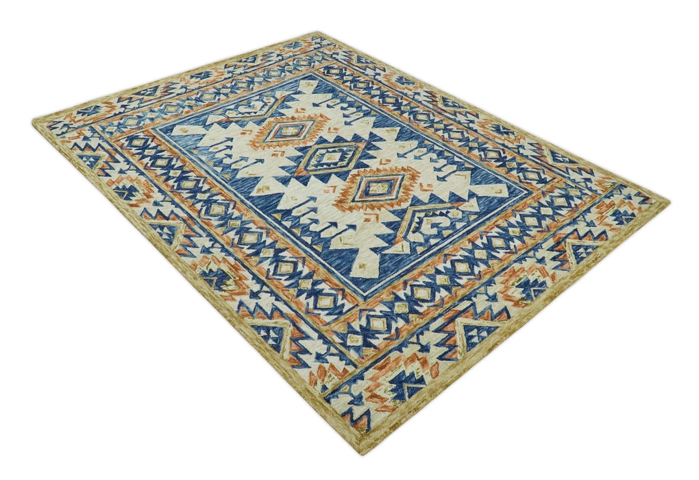 Ready To Ship Bohemian Southwestern Hand Tufted Blue, Gold and Beige Wool Rug