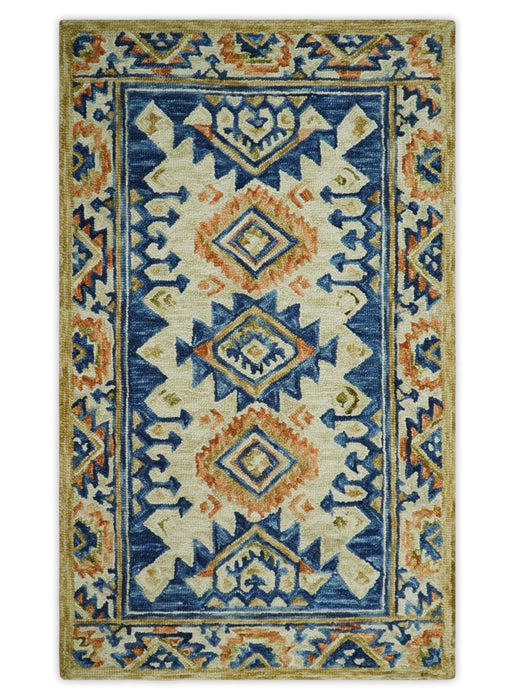 Ready To Ship Bohemian Southwestern Hand Tufted Blue, Gold and Beige Wool Rug