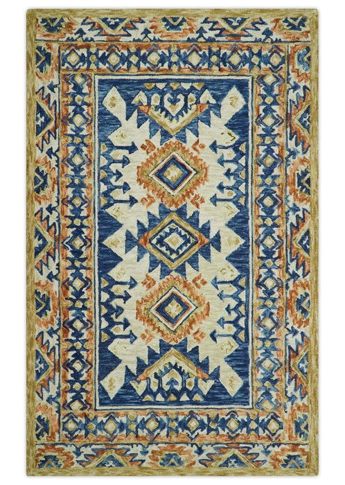 Ready To Ship Bohemian Southwestern Hand Tufted Blue, Gold and Beige Wool Rug