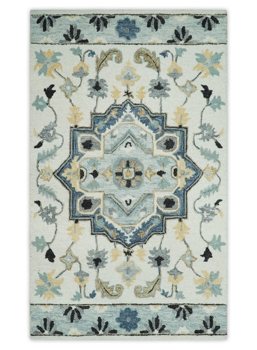 Hand Tufted Blue, Camel and Ivory Medallion Design Wool Area Rug