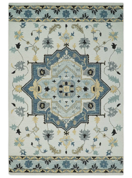 Hand Tufted Blue, Camel and Ivory Medallion Design Wool Area Rug