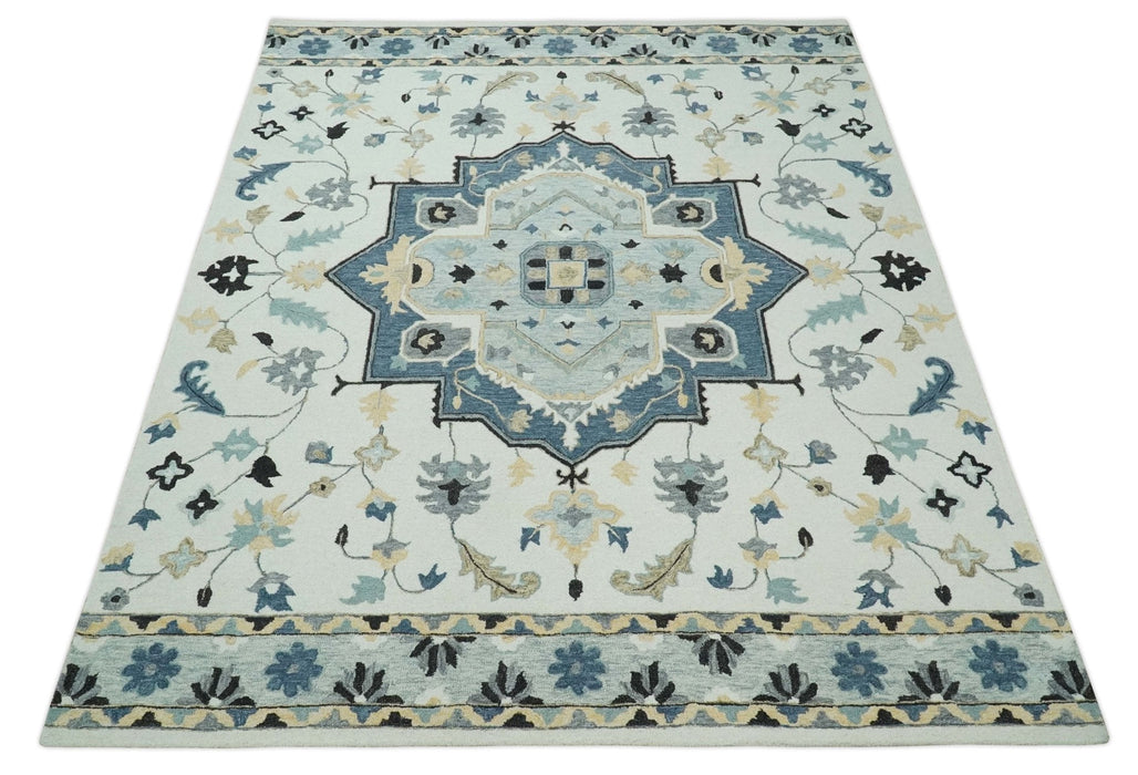 Hand Tufted Blue, Camel and Ivory Medallion Design Wool Area Rug