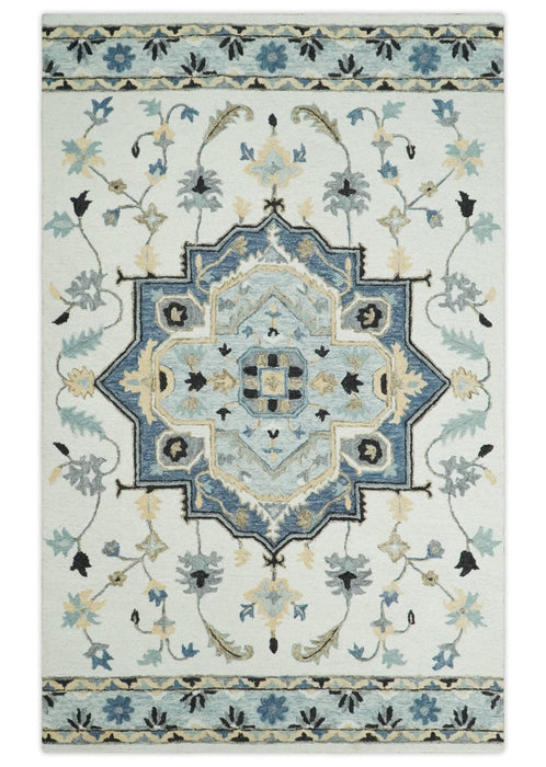 Hand Tufted Blue, Camel and Ivory Medallion Design Wool Area Rug