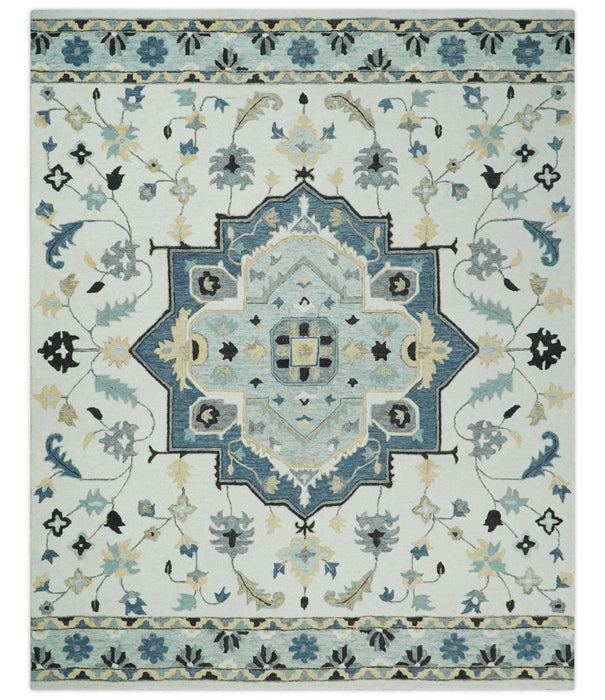 Hand Tufted Blue, Camel and Ivory Medallion Design Wool Area Rug