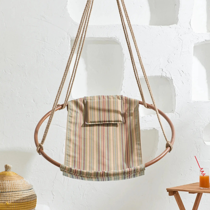 Boves Rast Blue Round Hanging Chair Teak Frame