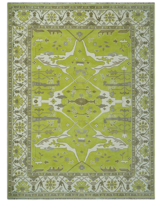 Bright Green and Ivory Hand knotted Oriental Oushak 9x12 wool Area Rug