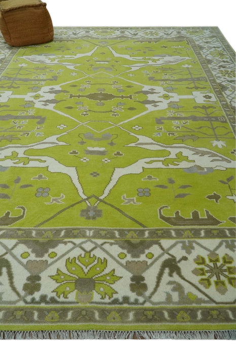 Bright Green and Ivory Hand knotted Oriental Oushak 9x12 wool Area Rug