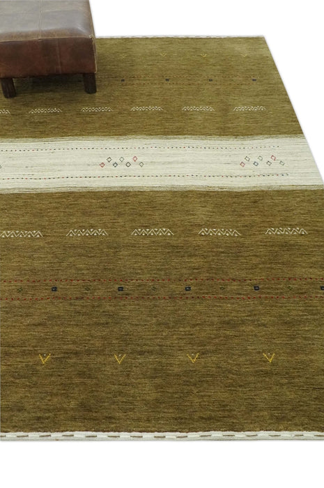 Brown and Ivory Geometrical Stripes Design Hand loom 4.6x6.6 wool Area Rug