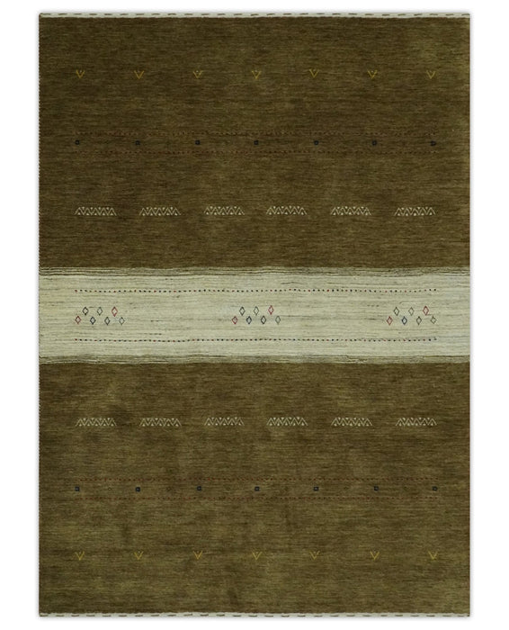 Brown and Ivory Geometrical Stripes Design Hand loom 4.6x6.6 wool Area Rug