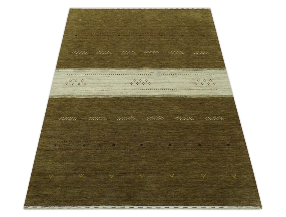 Brown and Ivory Geometrical Stripes Design Hand loom 4.6x6.6 wool Area Rug
