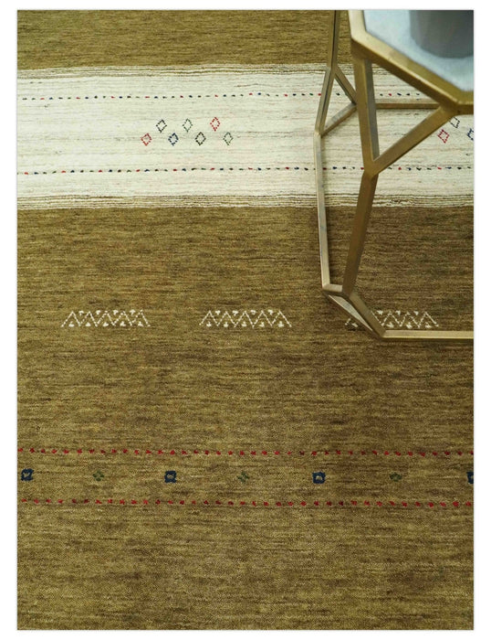 Brown and Ivory Geometrical Stripes Design Hand loom 4.6x6.6 wool Area Rug