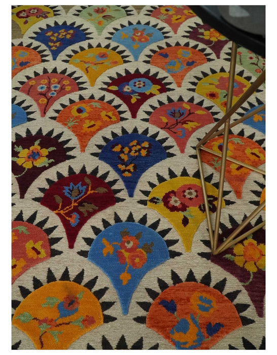 5x7 Flatwoven Soumak Brown and Ivory with multicolor Wool Hand Woven Floral Design Rug | KNT21