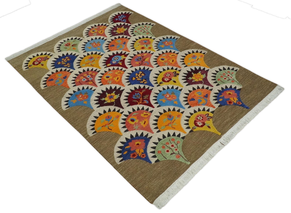 5x7 Flatwoven Soumak Brown and Ivory with multicolor Wool Hand Woven Floral Design Rug | KNT21