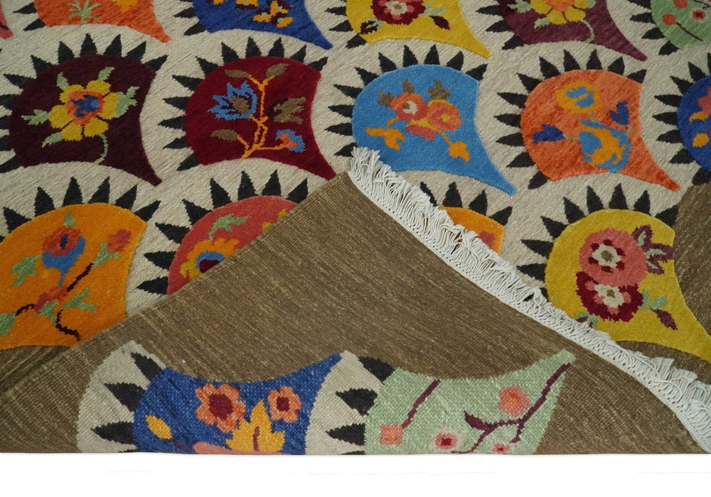 5x7 Flatwoven Soumak Brown and Ivory with multicolor Wool Hand Woven Floral Design Rug | KNT21