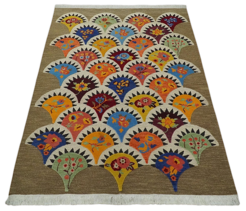 5x7 Flatwoven Soumak Brown and Ivory with multicolor Wool Hand Woven Floral Design Rug | KNT21