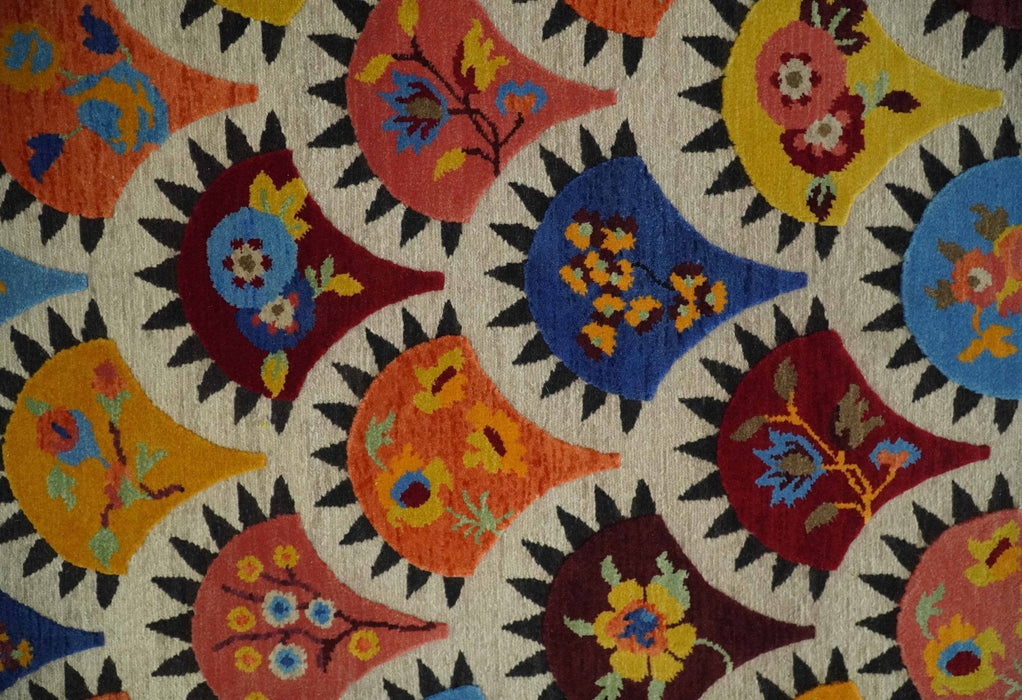 5x7 Flatwoven Soumak Brown and Ivory with multicolor Wool Hand Woven Floral Design Rug | KNT21