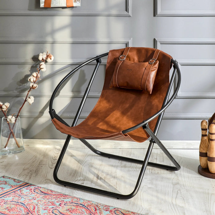 Faux Leather Folding Chair Metal Frame Brown