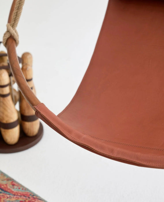 Genuine Leather Round Hanging Chair Brown Teak Frame