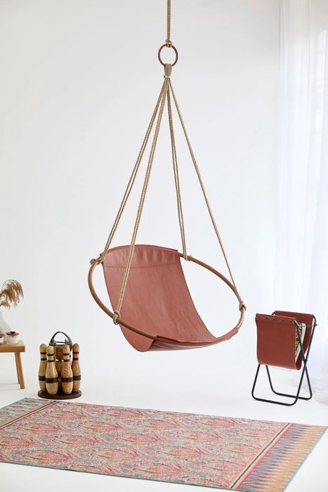 Genuine Leather Round Hanging Chair Brown Teak Frame