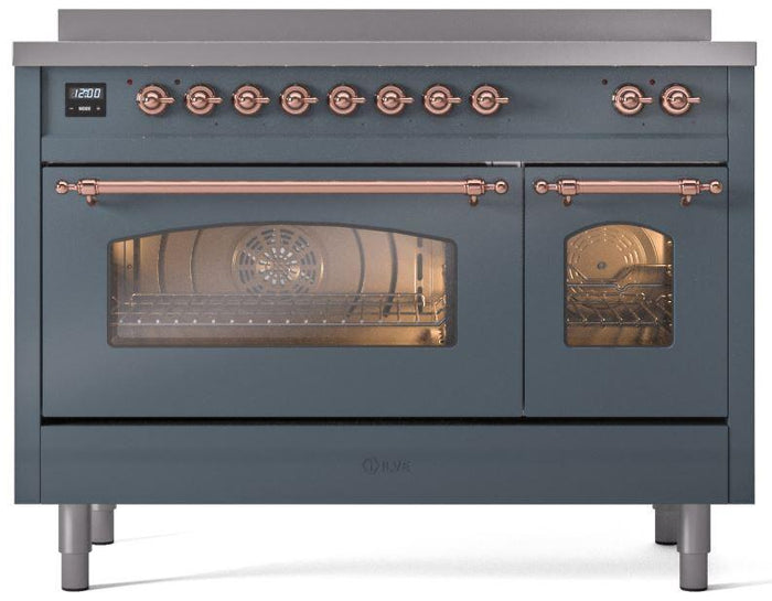 ILVE Nostalgie II 48" Induction Range with Element Stove and Electric Oven in Blue Grey with Copper Trim, UPI486NMPBGP