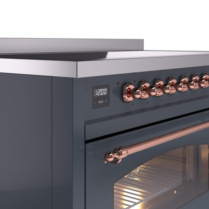 ILVE Nostalgie II 48" Induction Range with Element Stove and Electric Oven in Blue Grey with Copper Trim, UPI486NMPBGP