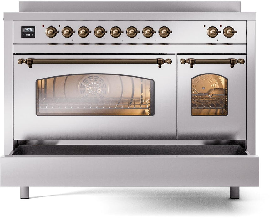 ILVE Nostalgie II 48" Induction Range with Element Stove and Electric Oven in Stainless Steel with Bronze Trim, UPI486NMPSSB